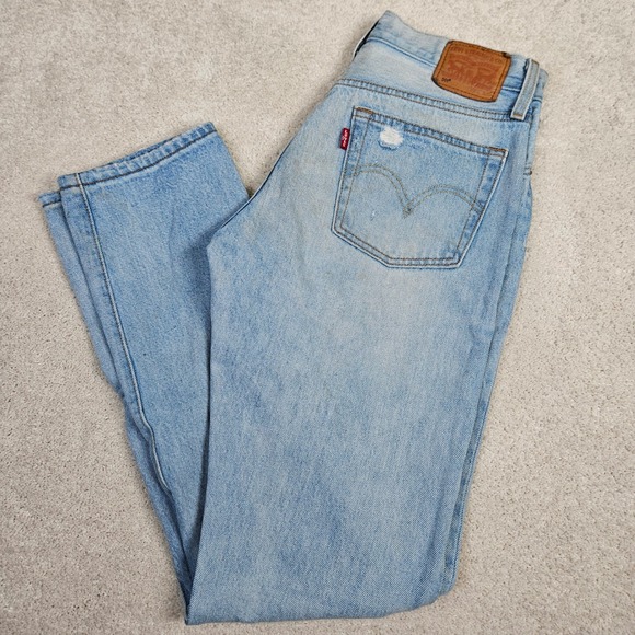 Men's Levis 501 Jeans Button Fly Light Wash Timeless Distressed Denim Pants - Picture 1 of 9